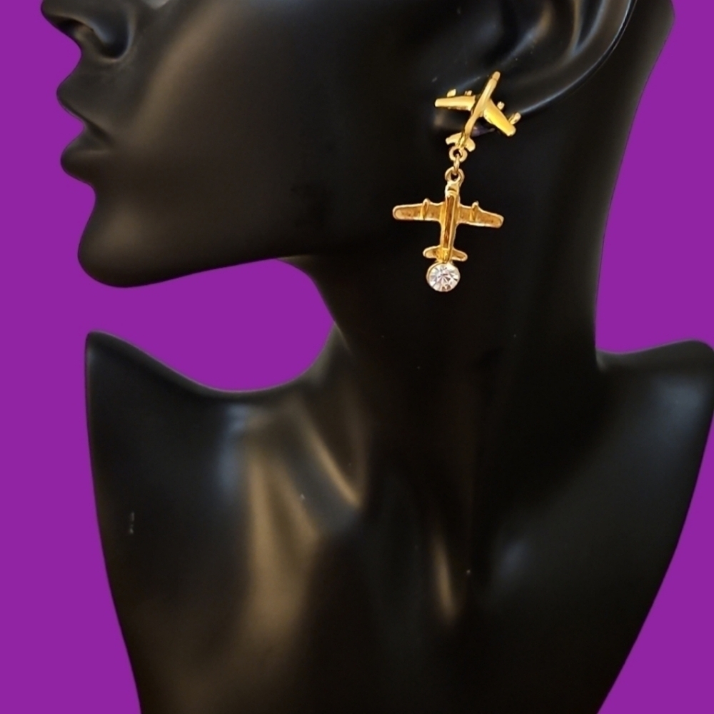 Vintage Goldtone Airplane Rhinestone Dangle Post Earrings